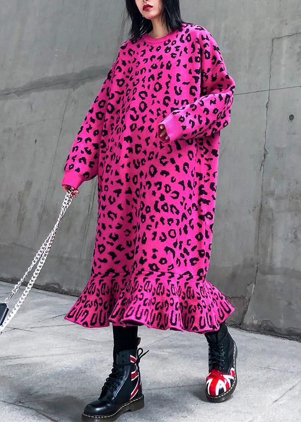 Cozy rose Leopard Sweater weather Vintage stand collar Hole Tejidos sweater dress - SooLinen