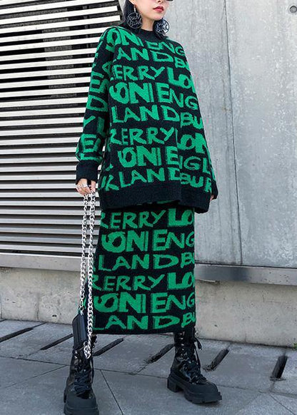 Cozy winter green prints knit sweat tops and elastic waist skirt casual two pieces - SooLinen