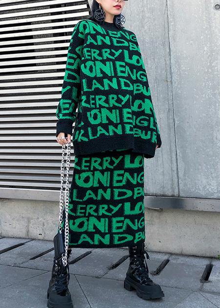 Cozy winter green prints knit sweat tops and elastic waist skirt casual two pieces - SooLinen