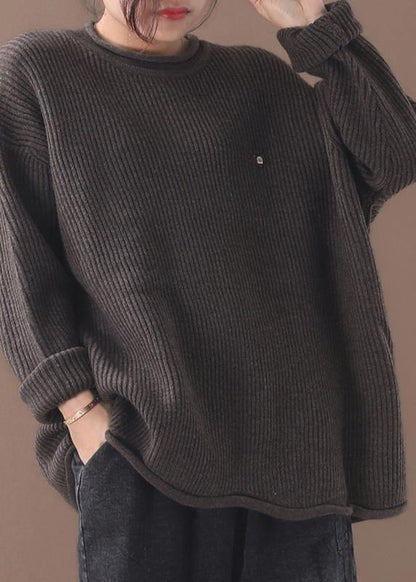 Cozy winter khaki knitted blouse fall fashion o neck sweater tops - SooLinen