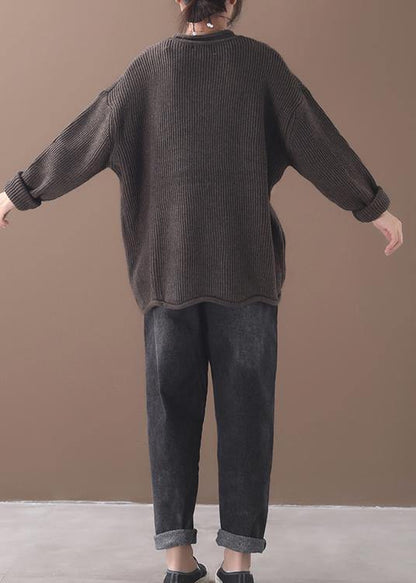 Cozy winter khaki knitted blouse fall fashion o neck sweater tops - SooLinen