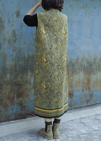 Cozy yellow green Sweater weather Beautiful Chinese Button Art sleeveless knitted tops - SooLinen