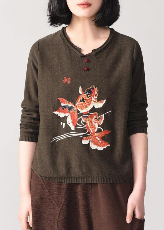 Cozy yellow knit t shirt Loose fitting animal embroidery knitted sweater long sleeve - SooLinen