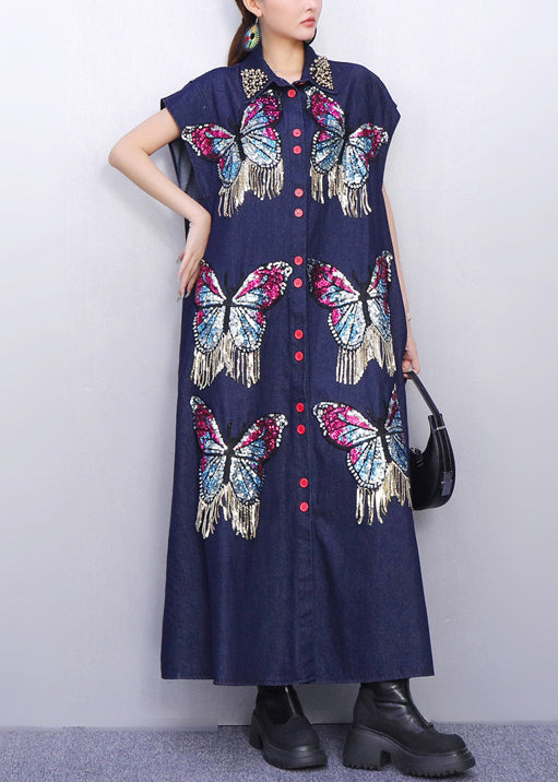 Creative Butterfly Adorned Pockets Denim Maxi Dress
