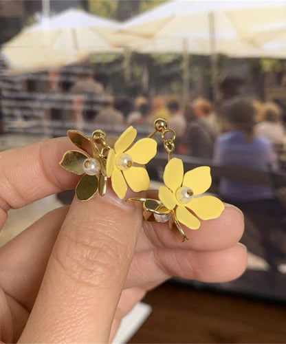 Cut Yellow Copper Overgild Asymmetrical Floral Drop Earrings