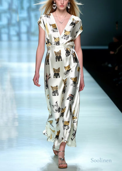 Cute Animal Print Draping Silk Maxi Dresses Summer