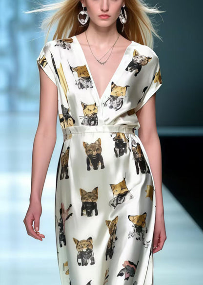 Cute Animal Print Draping Silk Maxi Dresses Summer