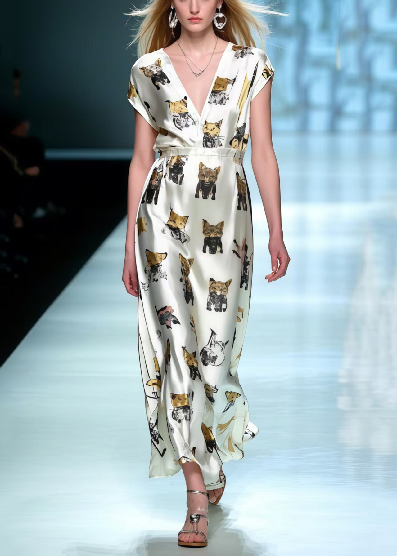 Cute Animal Print Draping Silk Maxi Dresses Summer