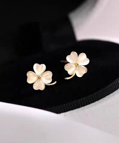 Cute Apricot Alloy Cat's Eye Stone Four-Leaf Clover Stud Earrings