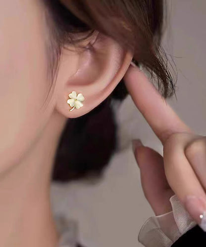 Cute Apricot Alloy Cat's Eye Stone Four-Leaf Clover Stud Earrings