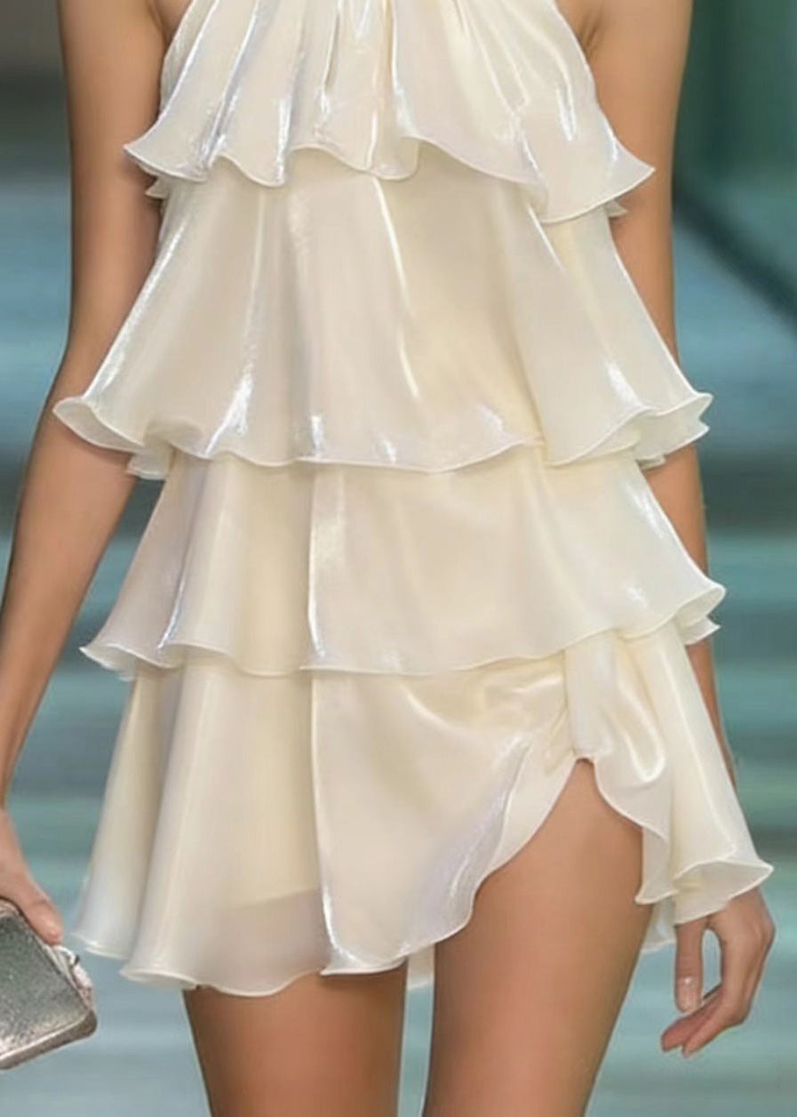 Cute Apricot Layered Ruffled Patchwork Chiffon Mini Dresses Summer
