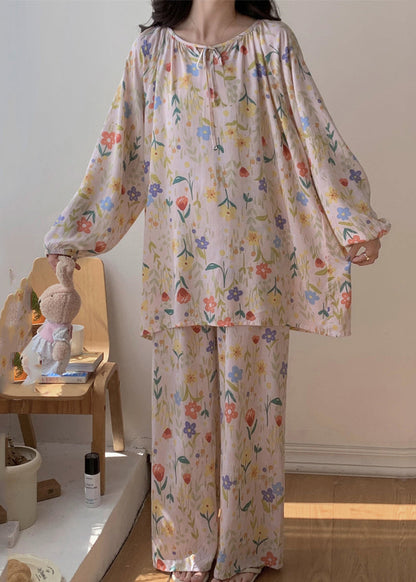 Cute Apricot O-Neck Print Silk Velvet Top And Pants Two Pieces Set Long Sleeve