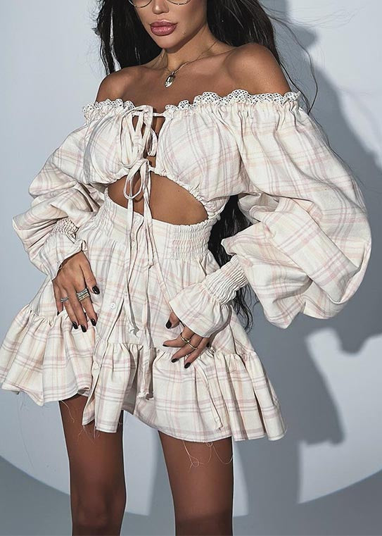 Cute Apricot Plaid Cold Shoulder Cotton Tea Dress Summer