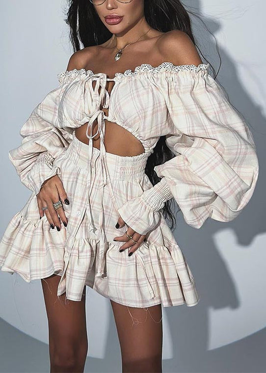 Cute Apricot Plaid Cold Shoulder Cotton Tea Dress Summer