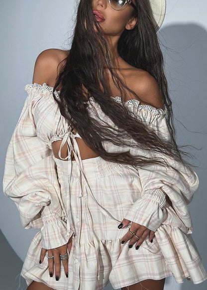 Cute Apricot Plaid Cold Shoulder Cotton Tea Dress Summer