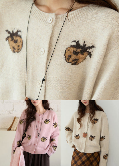 Cute Apricot Print Button Cotton Knit Cardigan Long Sleeve