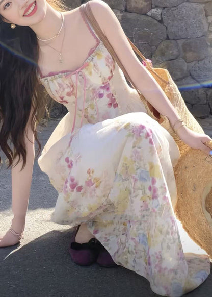 Cute Apricot Print Wrinkled Maxi Spaghetti Strap Dress Sleeveless