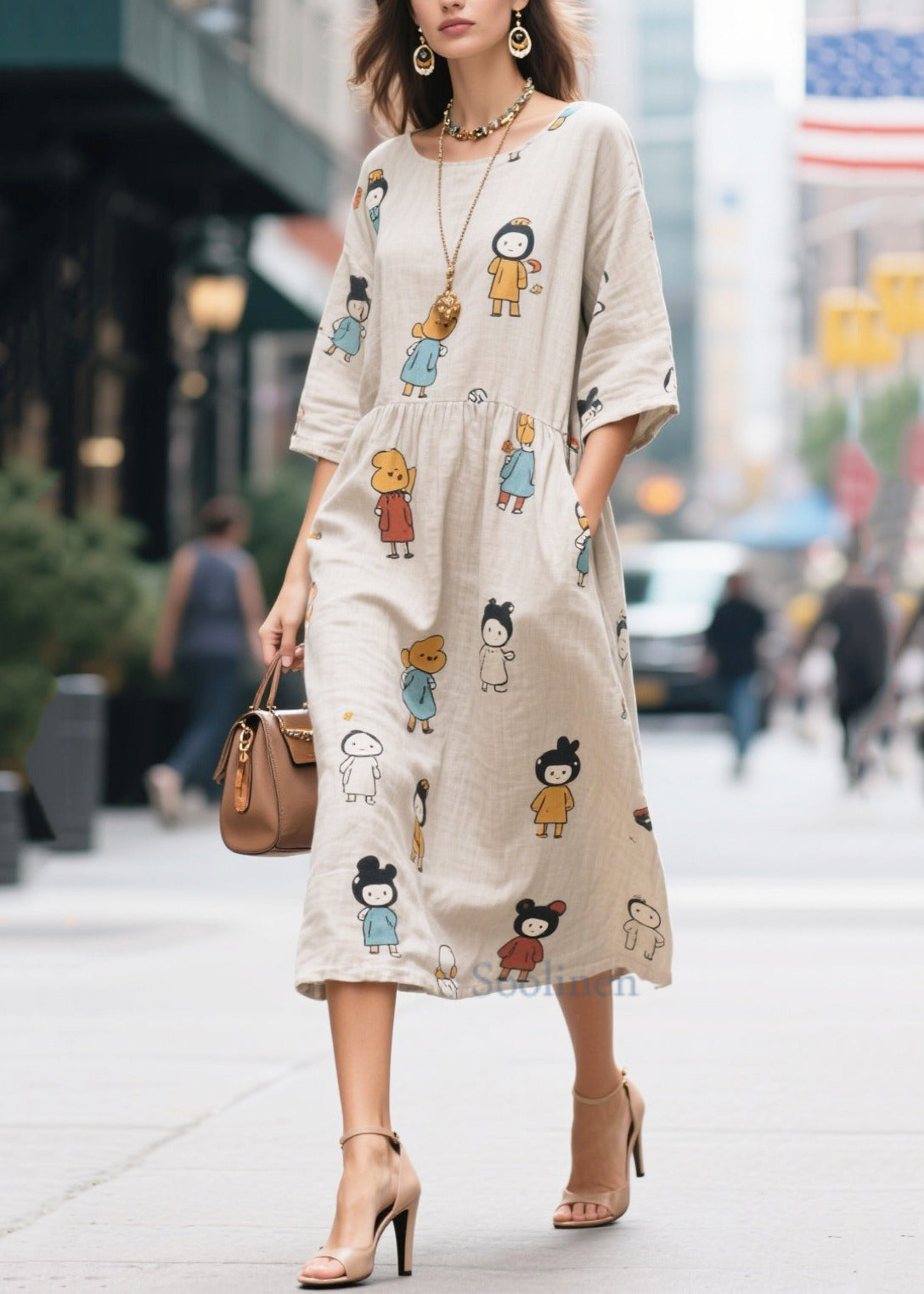 Cute Beige Character Print Cotton Long Dress Half Sleeve