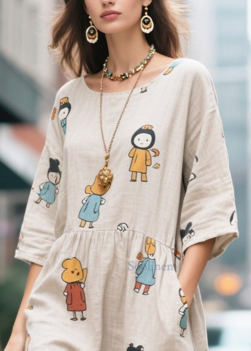 Cute Beige Character Print Cotton Long Dress Half Sleeve