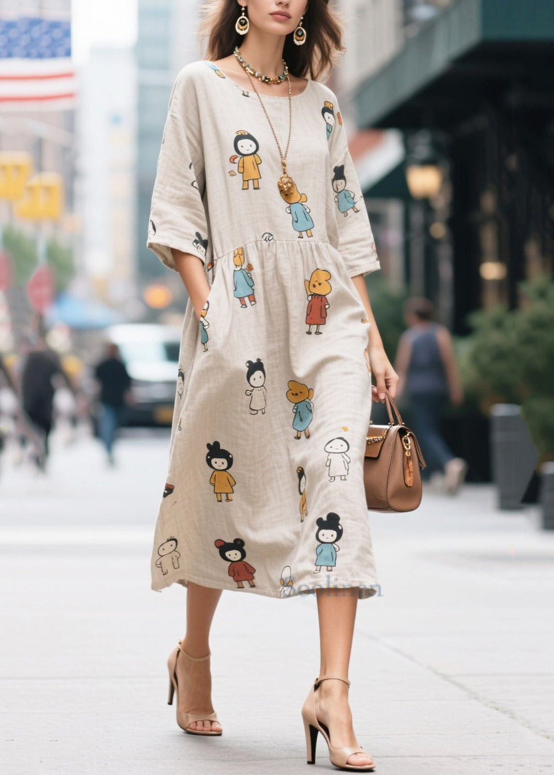 Cute Beige Character Print Cotton Long Dress Half Sleeve
