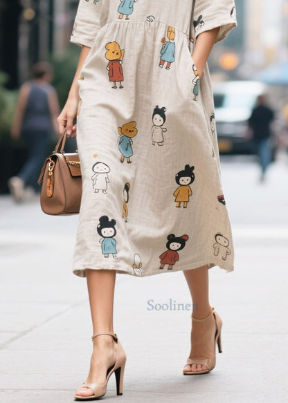 Cute Beige Character Print Cotton Long Dress Half Sleeve