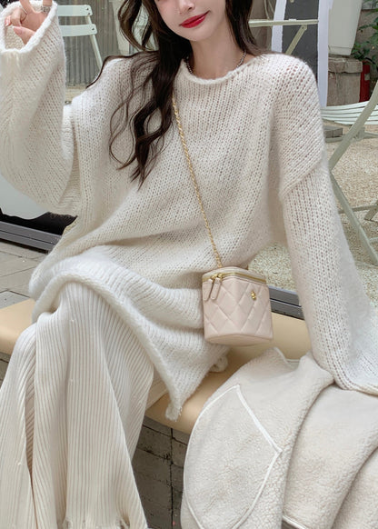 Cute Beige O-Neck Thick Cotton Knit Waistcoat Sweaters And Trousers Three Piece Set Spring