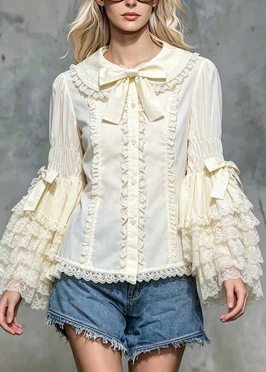 Cute Beige Peter Pan Collar Bow Ruffled Shirts Flare Sleeve