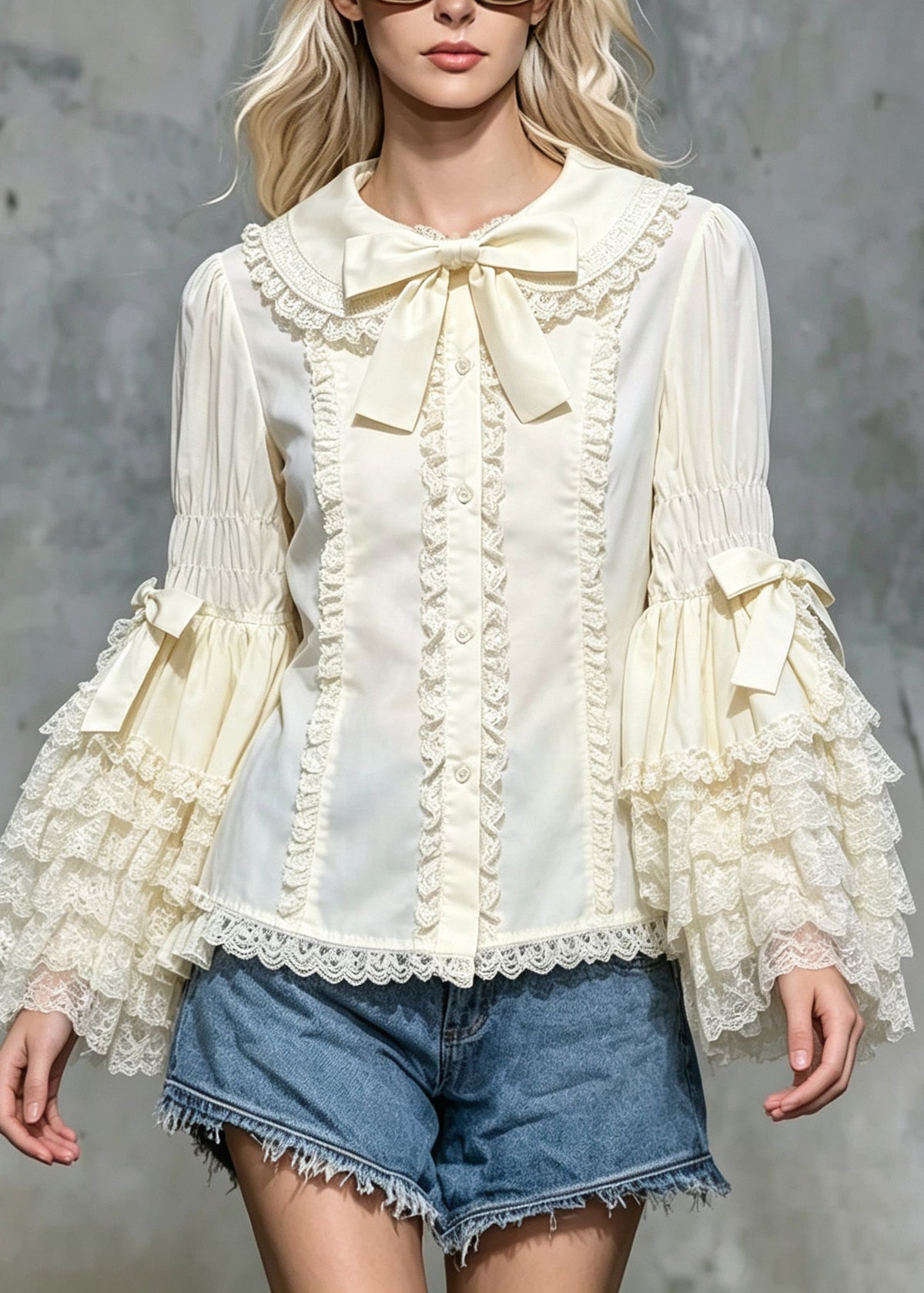 Cute Beige Peter Pan Collar Bow Ruffled Shirts Flare Sleeve