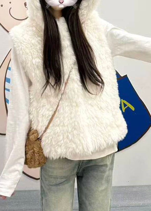 Cute Beige Pockets Solid Faux Fur Hooded Waistcoat Winter