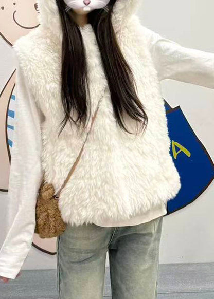 Cute Beige Pockets Solid Faux Fur Hooded Waistcoat Winter