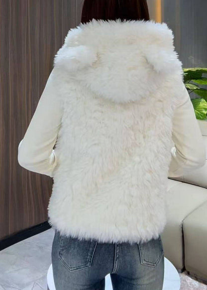 Cute Beige Pockets Solid Faux Fur Hooded Waistcoat Winter