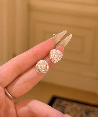 Cute Beige Sterling Silver Overgild Entangle Pearl Stud Earrings