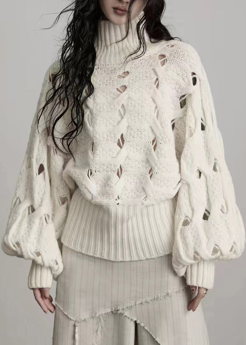 Cute Beige Turtleneck Hollow Out Cotton Knit Sweater Lantern Sleeve