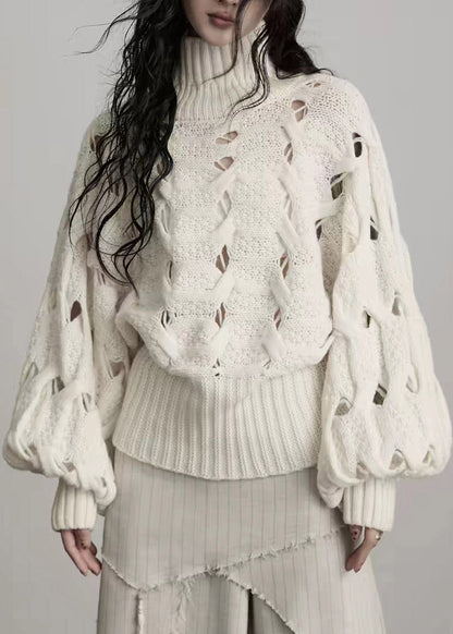 Cute Beige Turtleneck Hollow Out Cotton Knit Sweater Lantern Sleeve