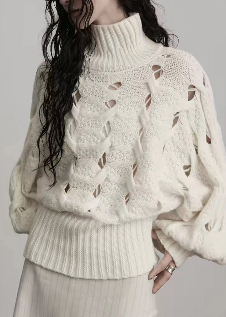 Cute Beige Turtleneck Hollow Out Cotton Knit Sweater Lantern Sleeve