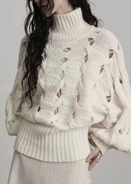 Cute Beige Turtleneck Hollow Out Cotton Knit Sweater Lantern Sleeve