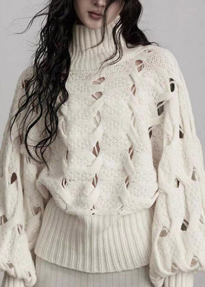 Cute Beige Turtleneck Hollow Out Cotton Knit Sweater Lantern Sleeve