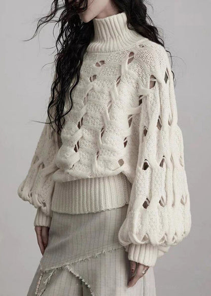 Cute Beige Turtleneck Hollow Out Cotton Knit Sweater Lantern Sleeve