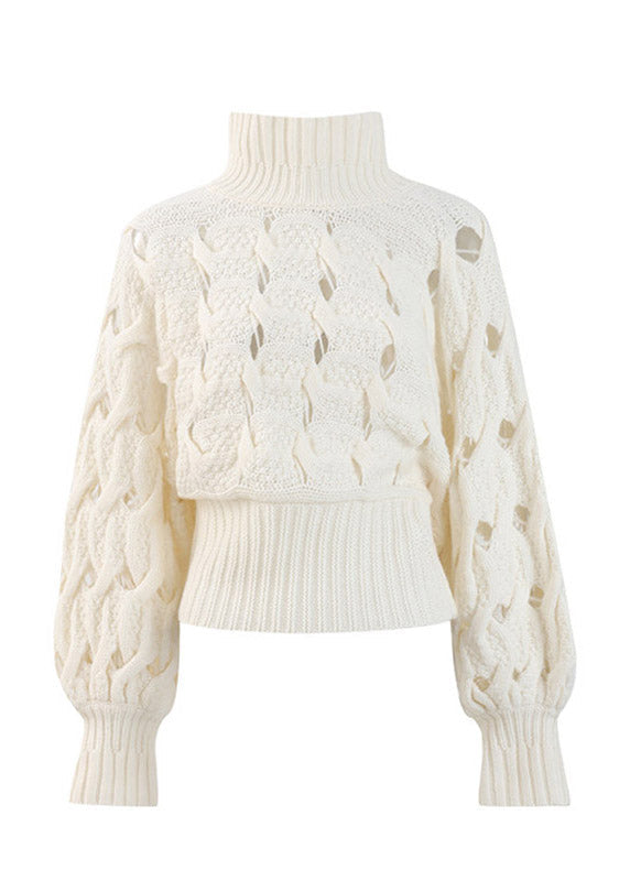 Cute Beige Turtleneck Hollow Out Cotton Knit Sweater Lantern Sleeve