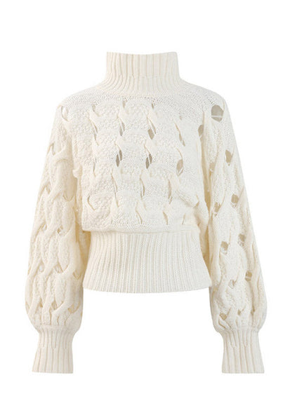 Cute Beige Turtleneck Hollow Out Cotton Knit Sweater Lantern Sleeve