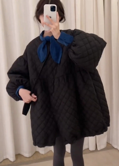 Cute Black Oversized Plaid Fine Cotton Filled Dresses Lantern Sleeve