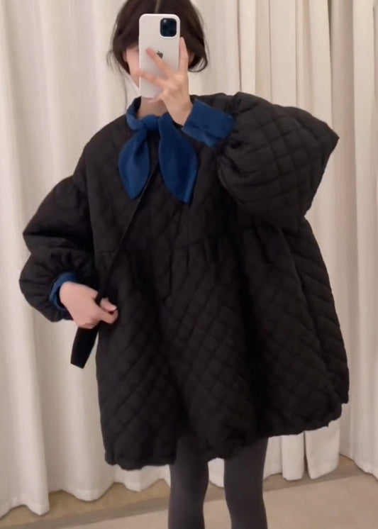 Cute Black Oversized Plaid Fine Cotton Filled Dresses Lantern Sleeve