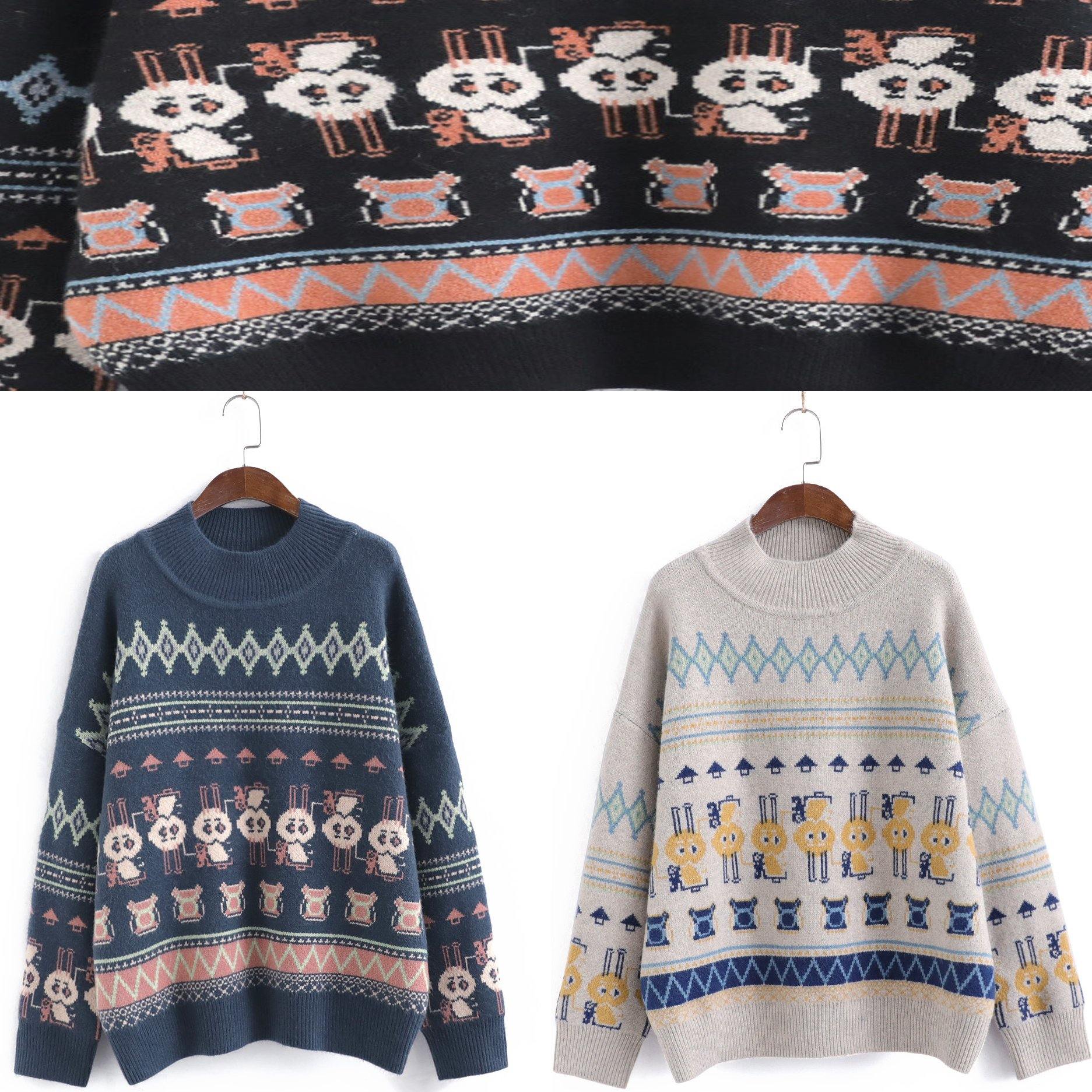 Cute Black Rabbit Pattern Knit Sweat Tops High Neck Sweater Tops - SooLinen