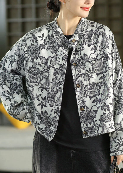 Cute Black Stand Collar Print Button Linen Coat Fall