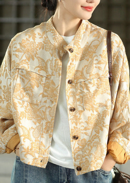 Cute Black Stand Collar Print Button Linen Coat Fall