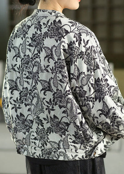 Cute Black Stand Collar Print Button Linen Coat Fall