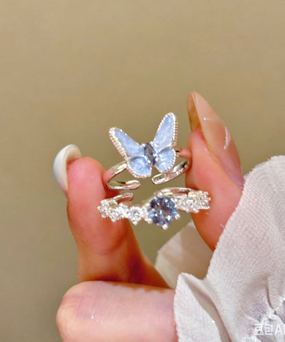 Cute Blue Copper Zircon Butterfly Rings Two-Piece Set