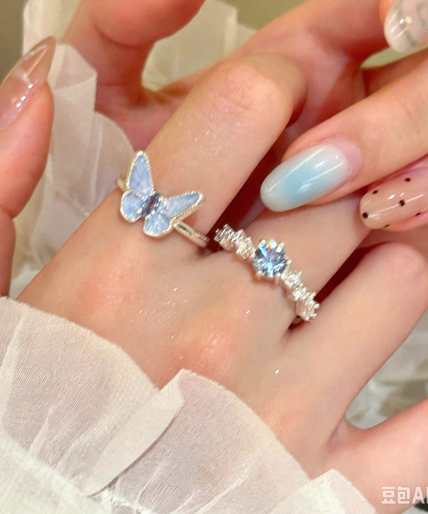 Cute Blue Copper Zircon Butterfly Rings Two-Piece Set