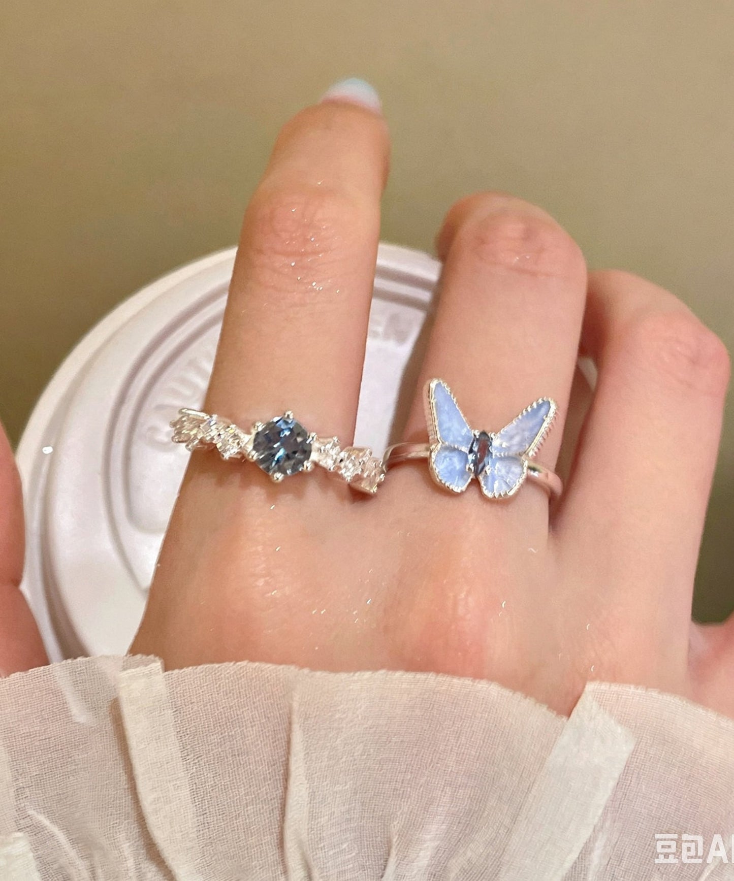 Cute Blue Copper Zircon Butterfly Rings Two-Piece Set