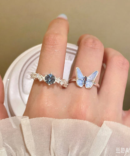 Cute Blue Copper Zircon Butterfly Rings Two-Piece Set